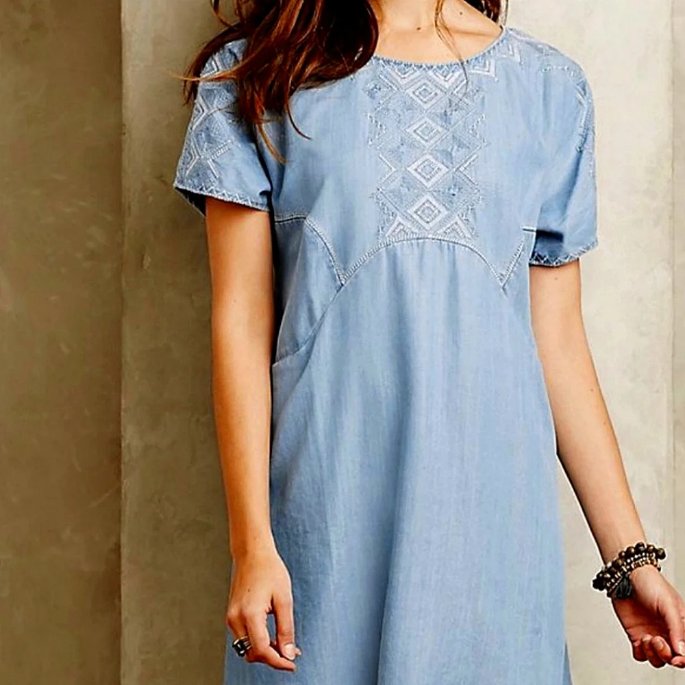 Holding Horses Embroidered Chambray Babydoll Dress XS